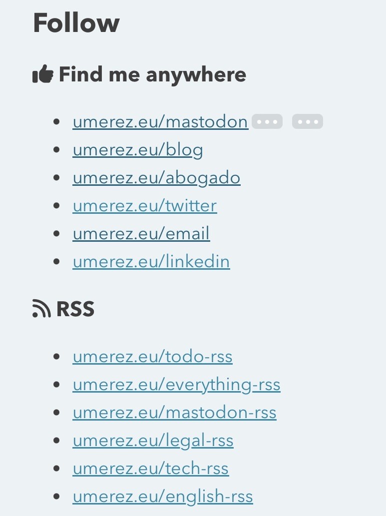 A list of personal social media and RSS feed links from umerez.eu with titles 